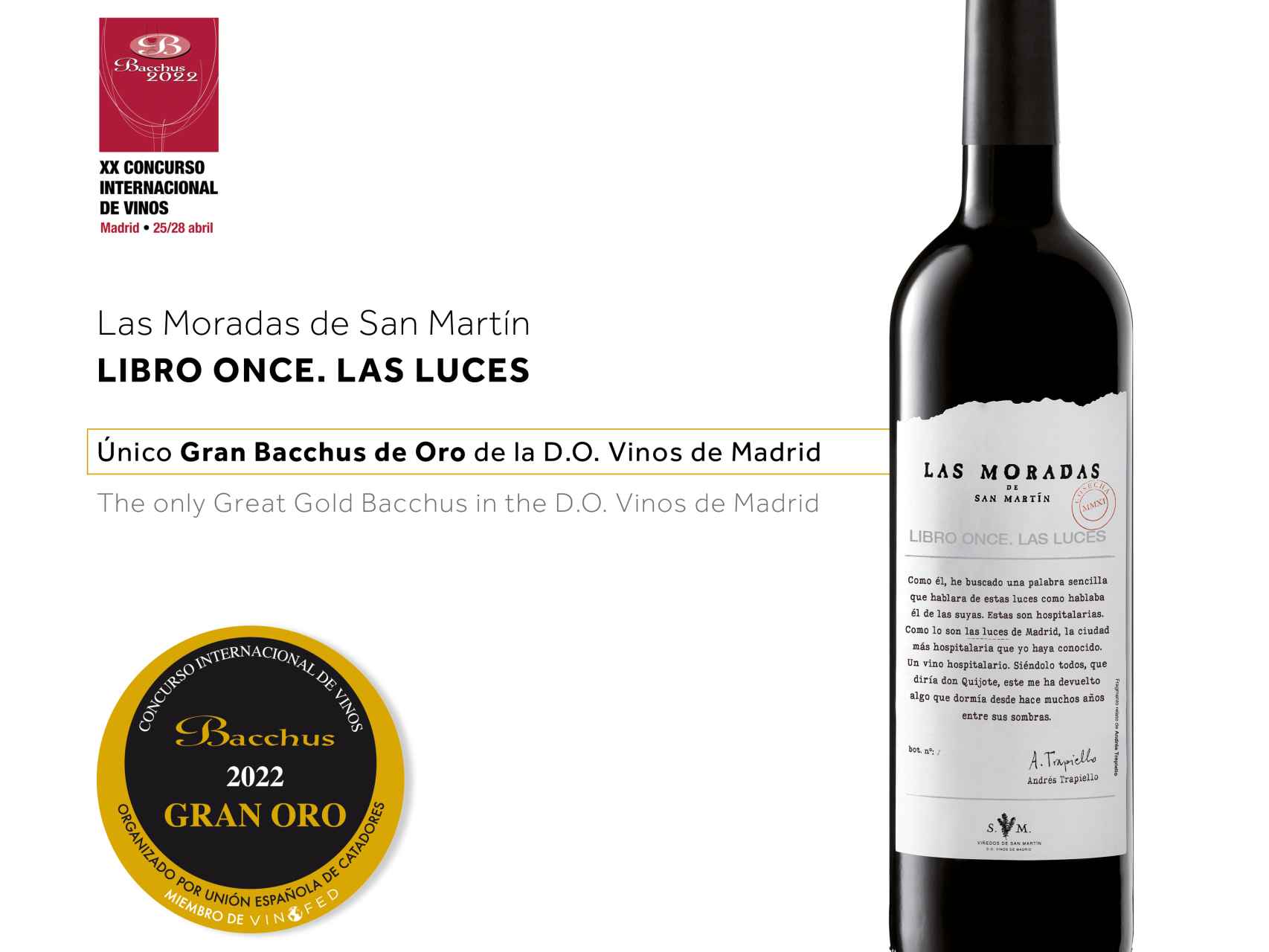El vino tinto Libro Once.Las Luces, con D.O.P. Vinos de Madrid y ganador del Gran Bacchus de Oro.