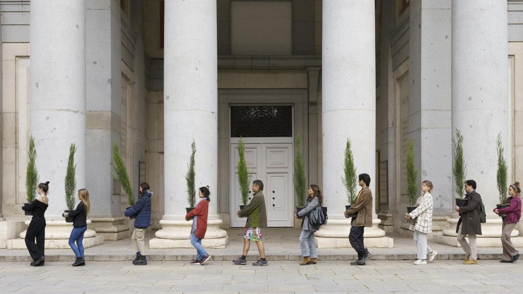 Maider López: 'El bosque del Prado', 2022.  Acción en la que 11 cipreses del cuadro 'Vista de la Villa de Medici' de Velázquez salen del Museo del Prado