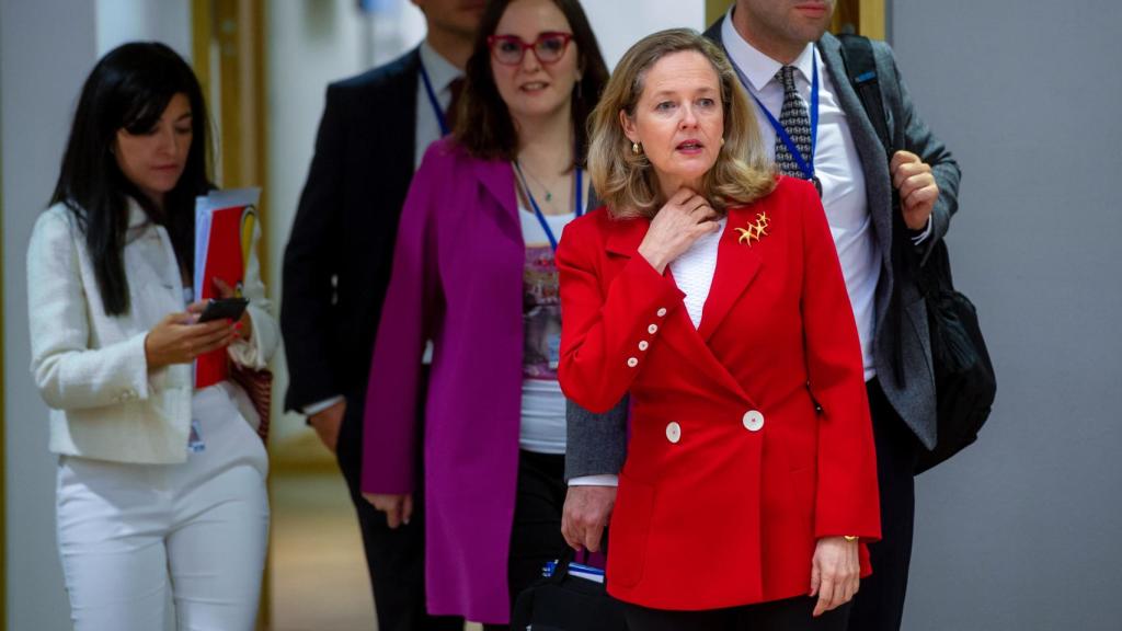 La vicepresidenta primera, Nadia Calviño, durante el Eurogrupo de este lunes