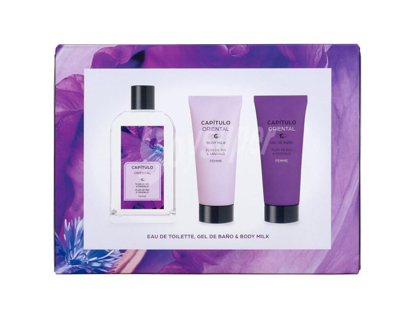 El lote Capítulo Oriental viene con colonia, body milk y gel de baño.