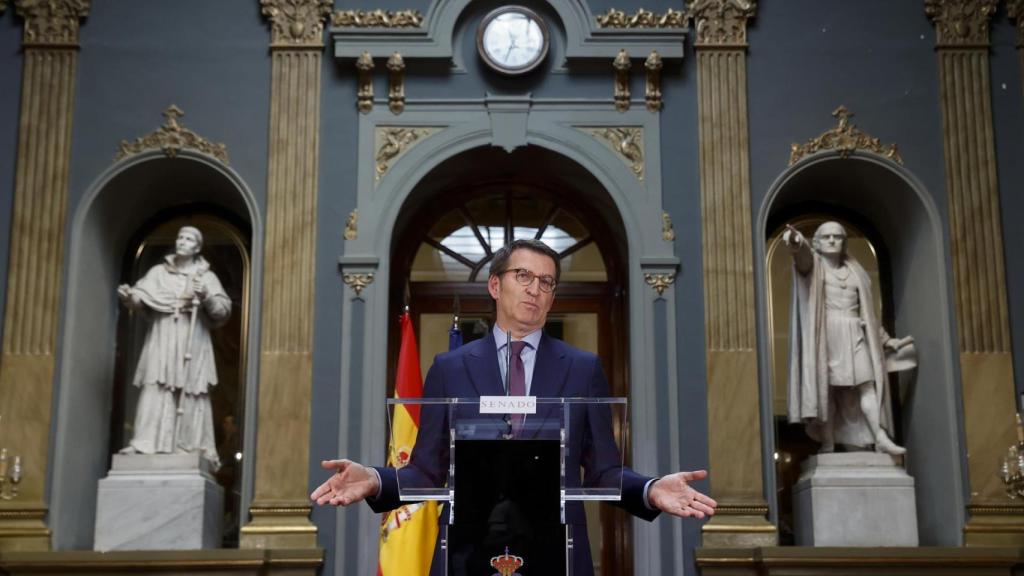 Alberto Núñez Feijóo, durante su declaración ante los periodistas, en el Salón de los Pasos Perdidos del Senado.