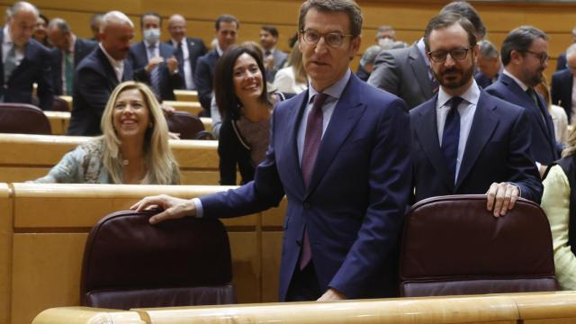 Alberto Núñez Feijóo, este miércoles, al ocupar su escaño en el Senado junto a Javier Maroto.