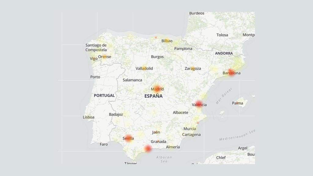 Mapa con los focos de los fallos de Instagram.