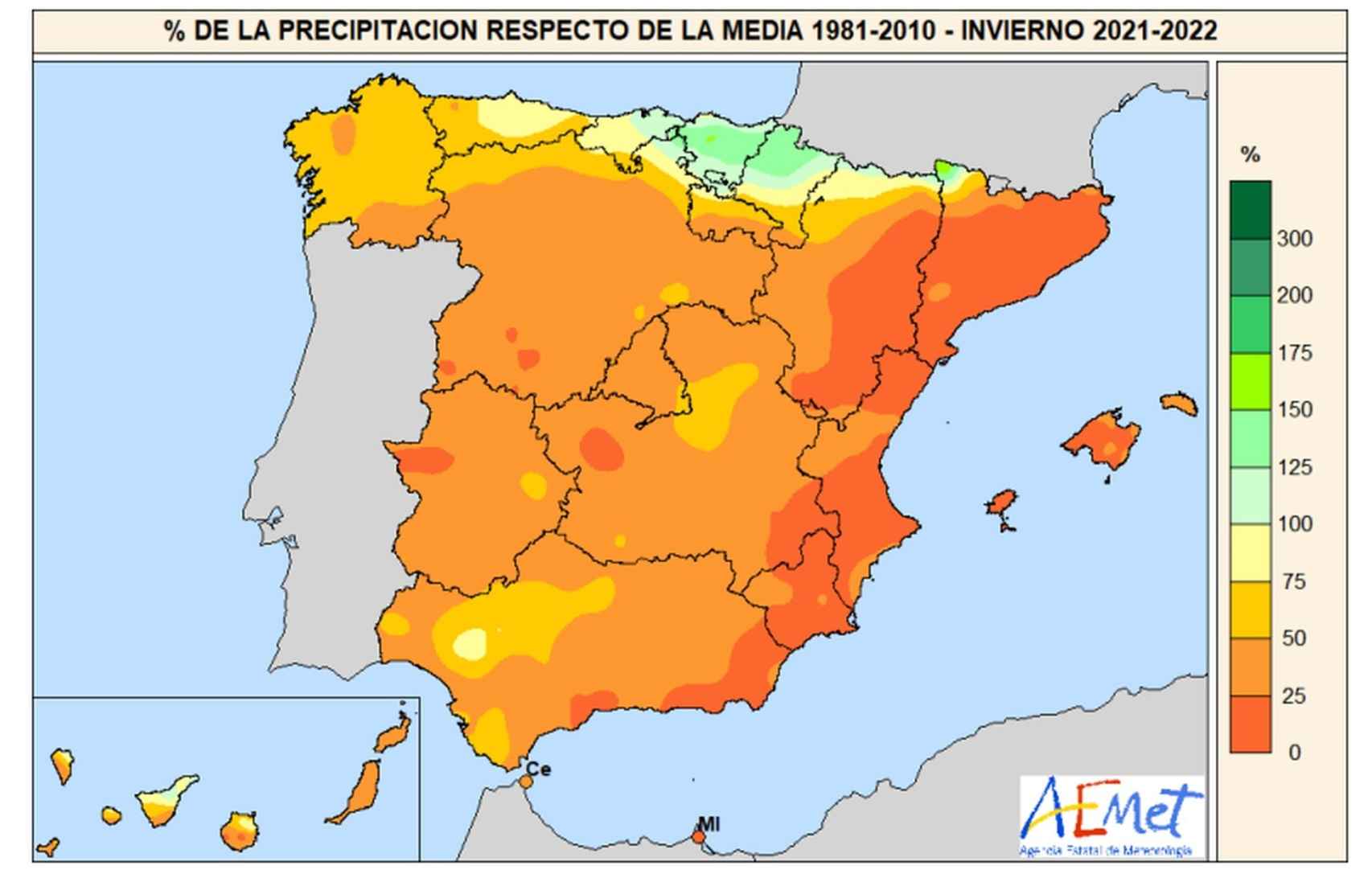 Mapa del porcentaje de precipitaciones en España durante el invierno 2021-2022