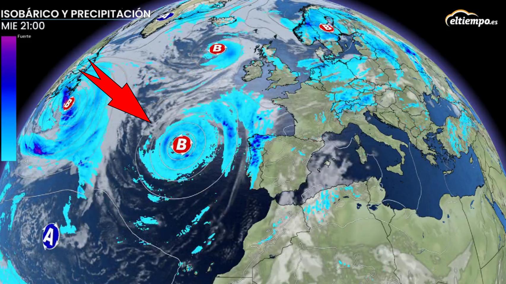 La borrasca situada frente a Portugal. Eltiempo.es.