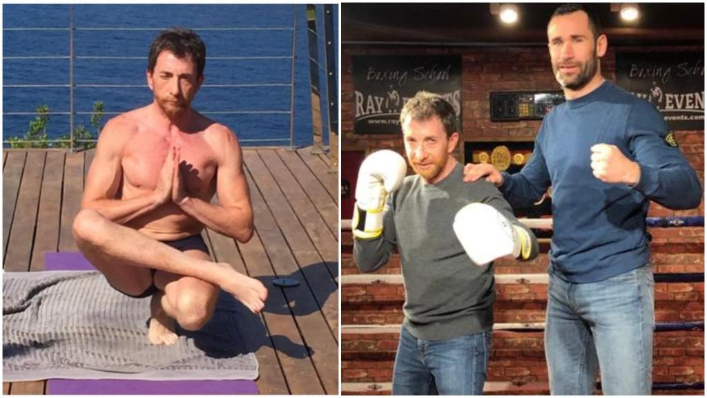 Pablo Motos meditando (izquierda) y Pablo Motos con su entrenador de boxeo, Jorge Blanco.