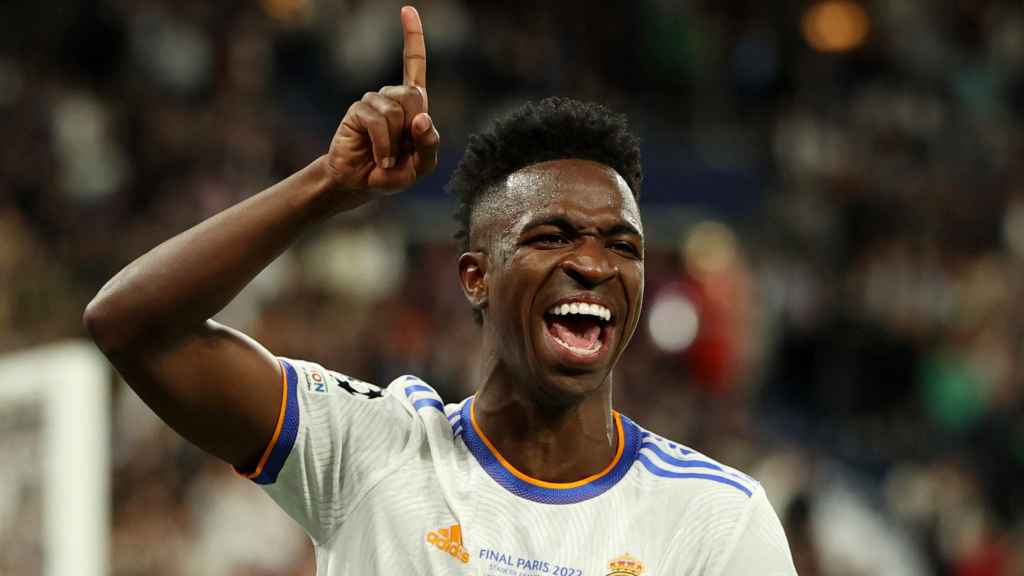 Vinicius celebra su gol al Liverpool en la final de la Champions League