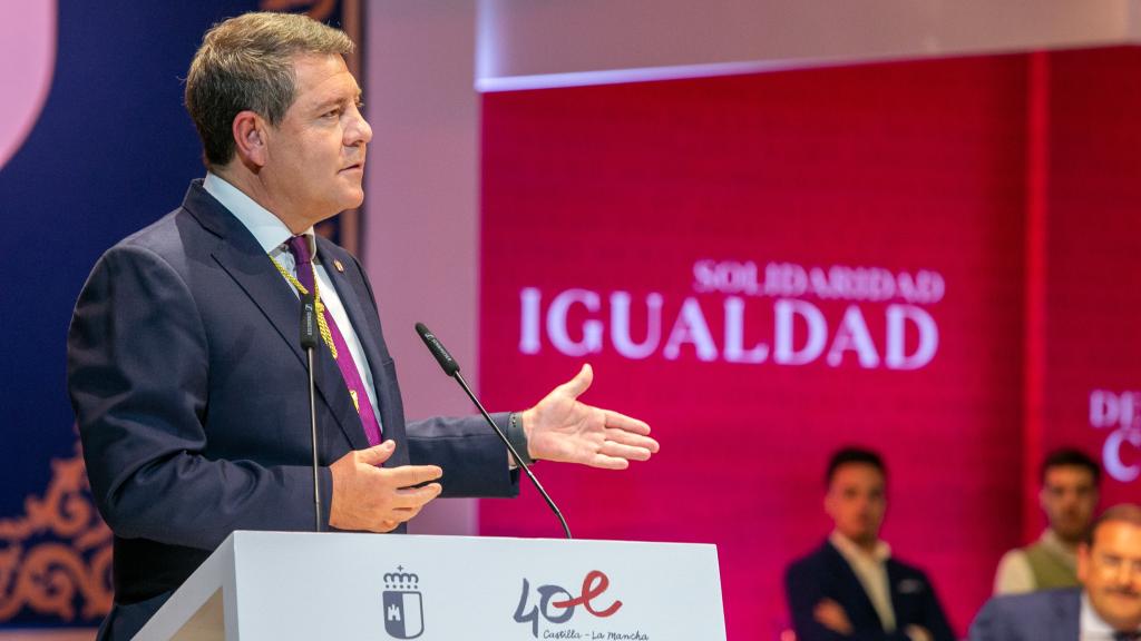 Emiliano García-Page, presidente de Castilla-La Mancha, durante el discurso que ha ofrecido con motivo del Día de la Región.