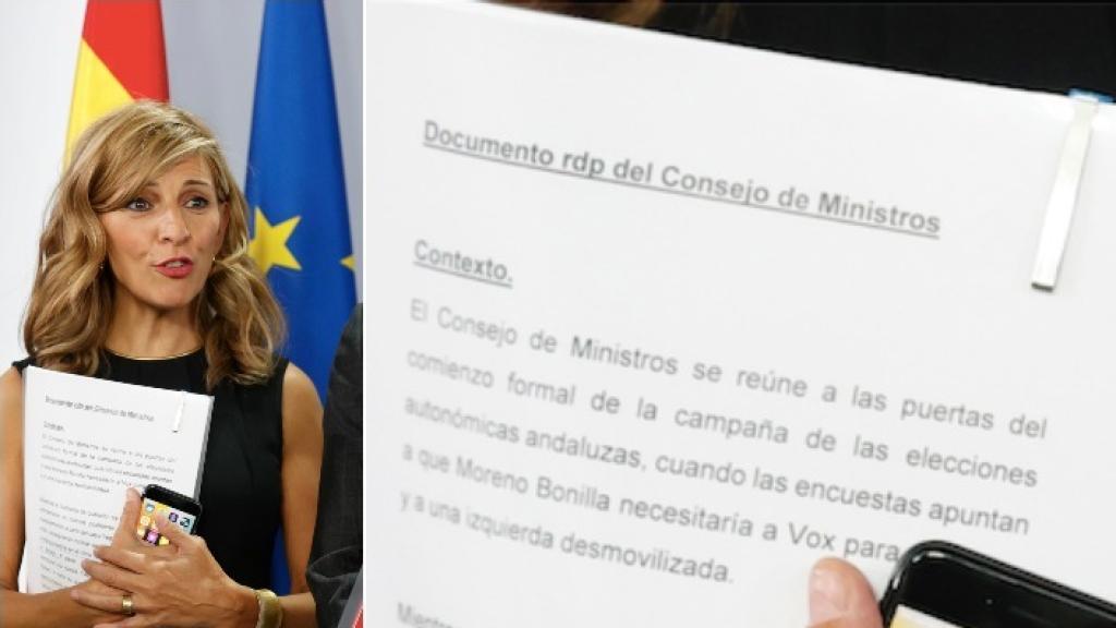 La ministra, durante la rueda de prensa de este martes, y el descuido al exhibir su dossier.