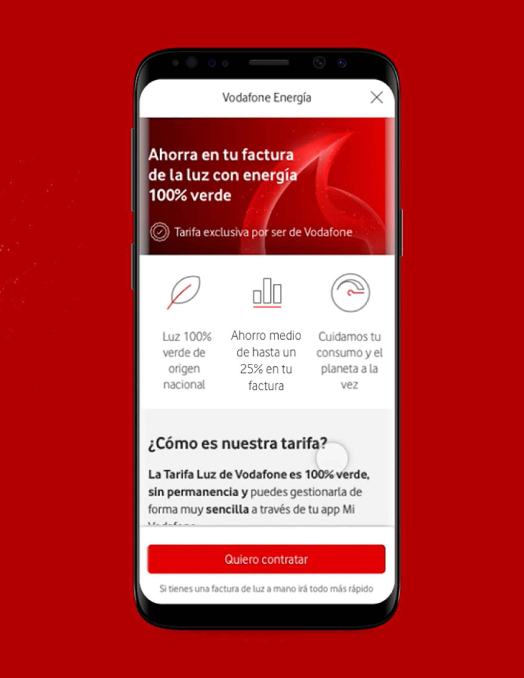 Simulación del servicio de energía en la aplicación de Vodafone.