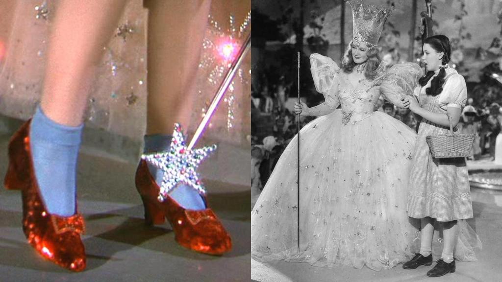 Judy Garland, junto a la actriz Billie Burke, en una escena del Mago de Oz (dcha.) y  los famosos zapatos.