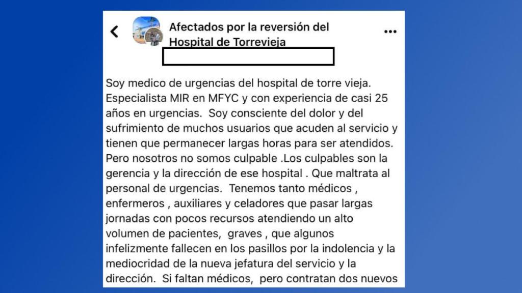 Inicio del post en redes sociales del médico de Torrevieja.