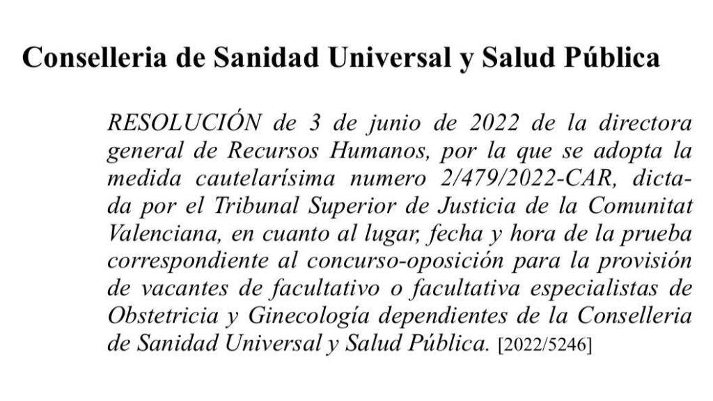 Publicación en el DOGV de la fecha del examen cambiado previamente.