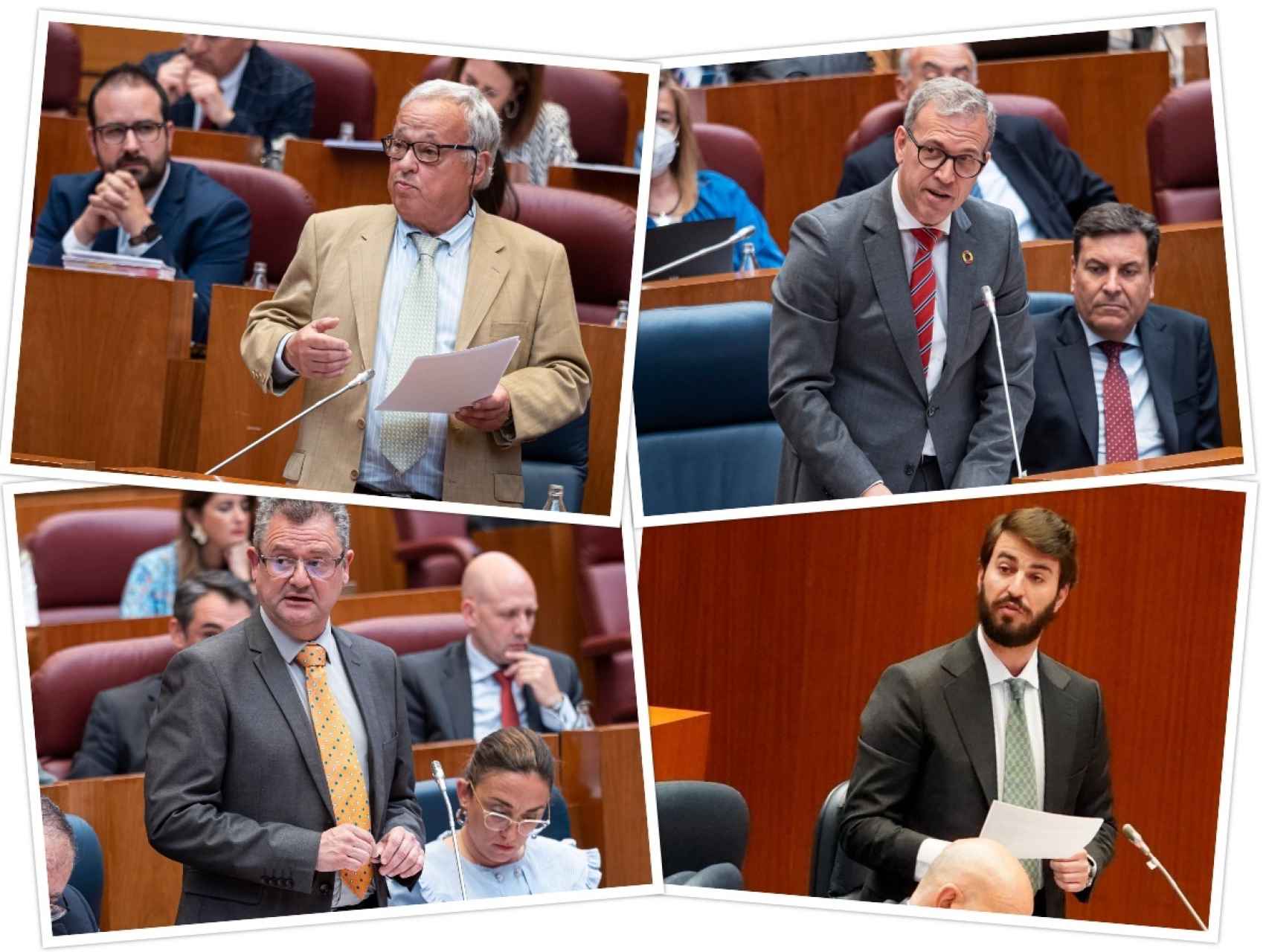 Los consejeros de Vox, Gonzalo Santonja, Mariano Veganzones y Gerardo Dueñas, y el vicepresidente, Juan García-Gallardo, en el pleno de las Cortes, este martes.