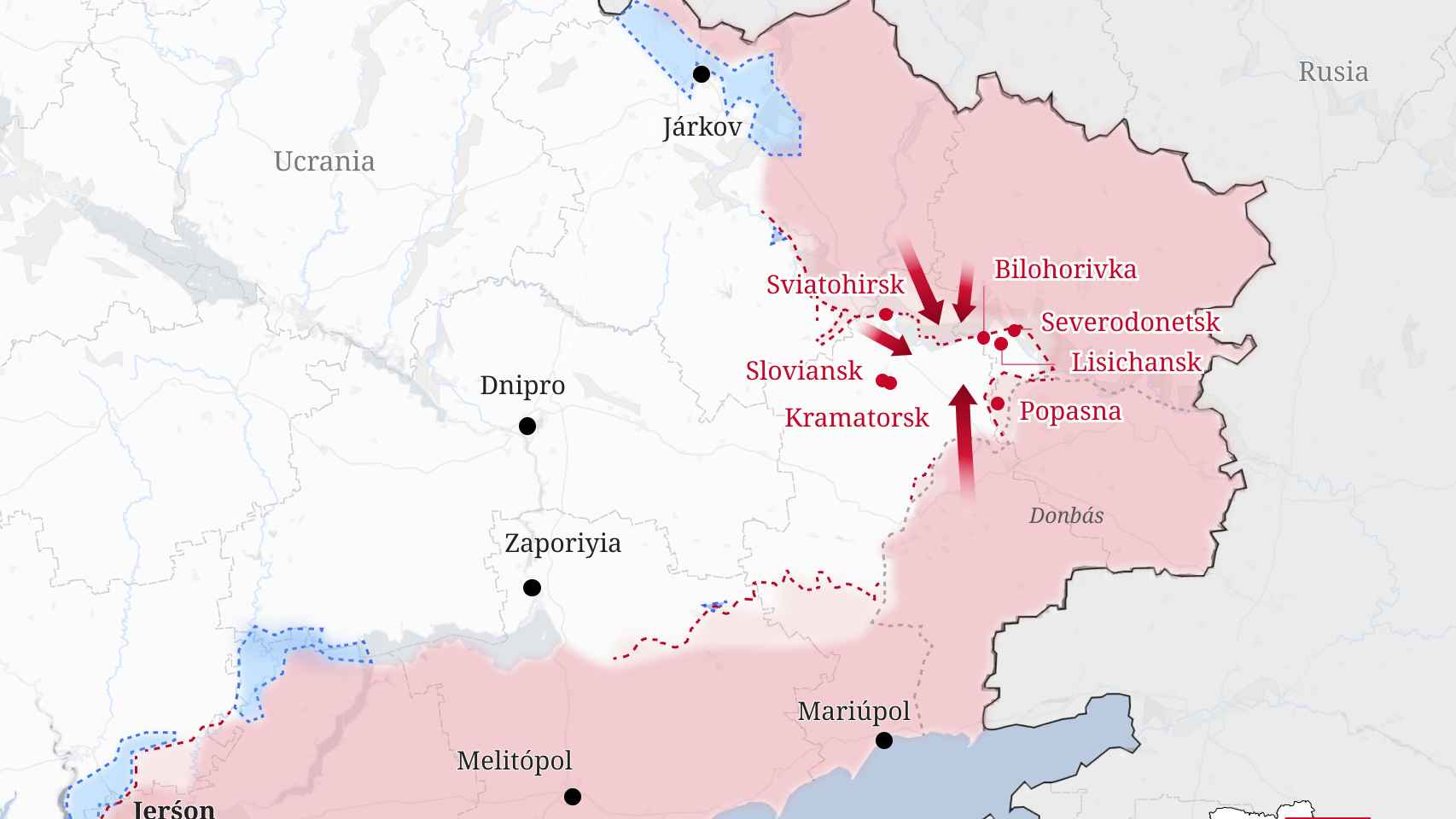 Mapa actualizado de los focos de la guerra en Ucrania.