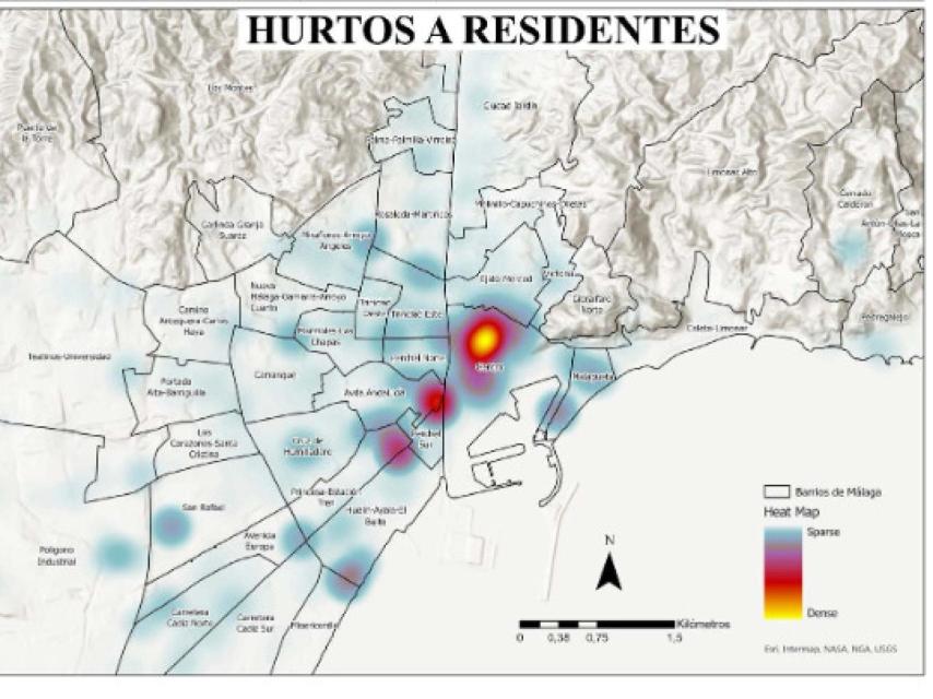 Mapa de hurtos a residentes elaborado por los investigadores.
