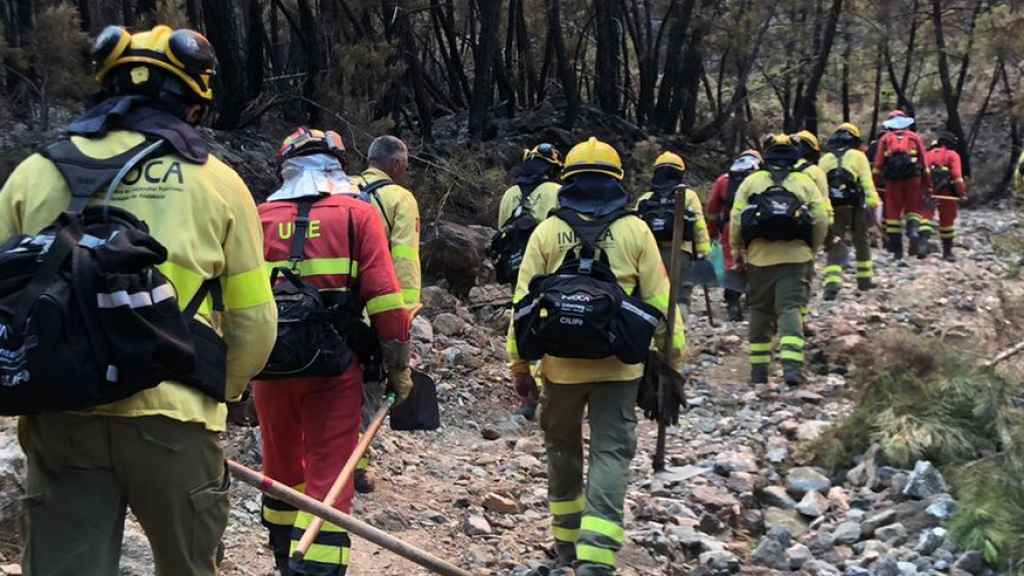 Un grupo de operarios del Infoca, en el incendio de Pujerra.