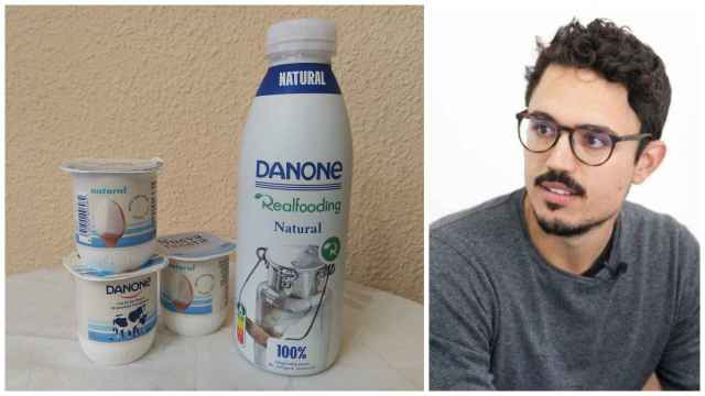 Los yogures naturales de Danone y el yogur natural de Danone y Carlos Ríos, el 'realfooder', situado a la derecha.