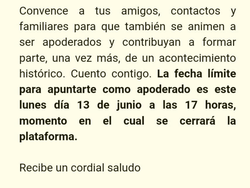 Extracto del mensaje de Vox haciendo un llamamiento a familiares y amigos para cubrir las mesas.