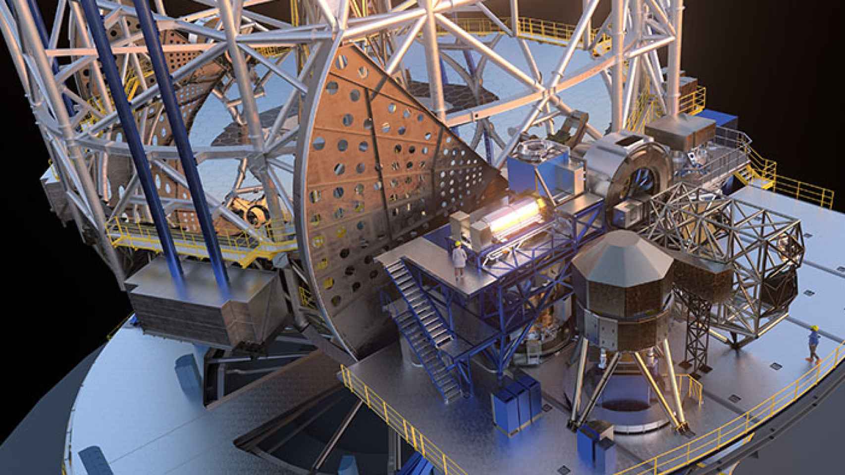 Representación de la estructura del telescopio y una de sus plataformas laterales donde se ubicarán los instrumentos científicos. IMAGEN: ESO/L. Calçada