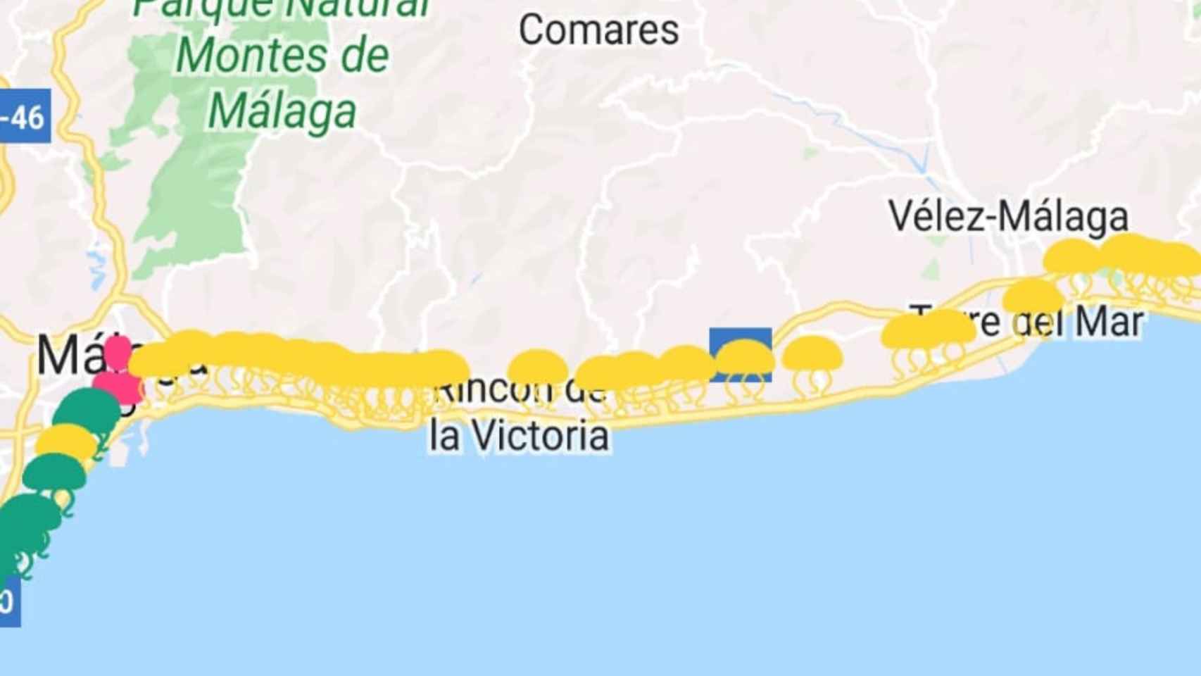 Mapa con los avisos por medusa en la costa de Málaga.