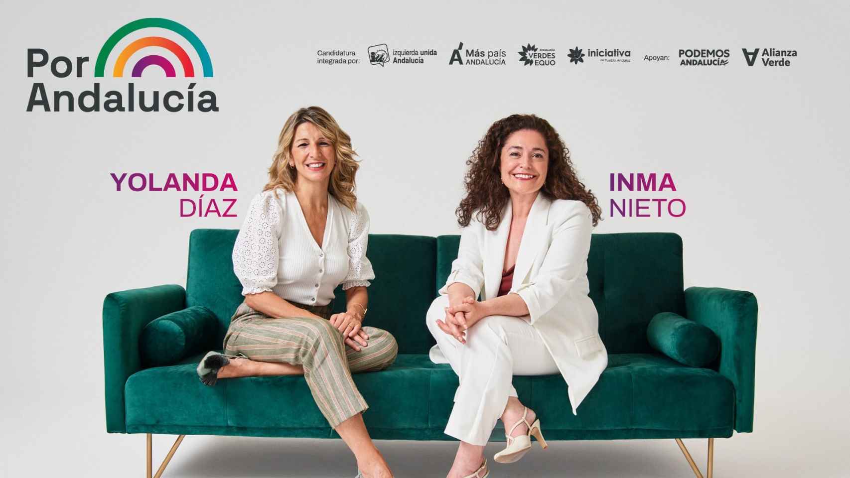 Cartel de la campaña de Por Andalucía. Arriba a la derecha, Podemos apoya.