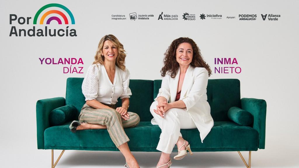 Cartel de la campaña de Por Andalucía, con Yolanda Díaz e Inma Nieto. A la derecha, Podemos apoya.