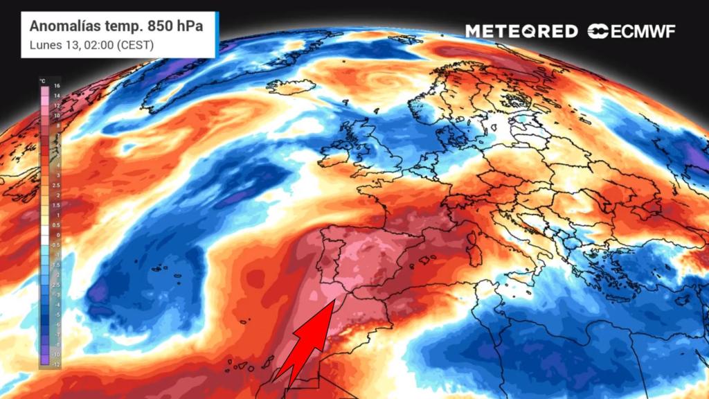 La masa de aire cálido que asciende desde África. Meteored.