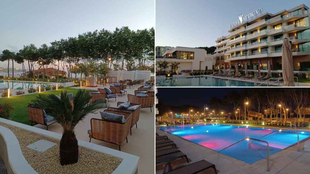 Imágenes del exterior y la piscina del hotel Attica 21 en Samil.
