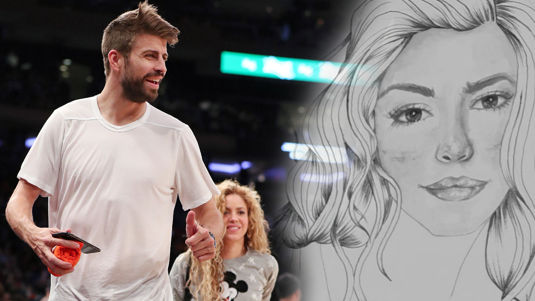 Gerard Piqué y Shakira junto al retrato que hizo 'Sálvame' de C.M., en un montaje de EL ESPAÑOL.