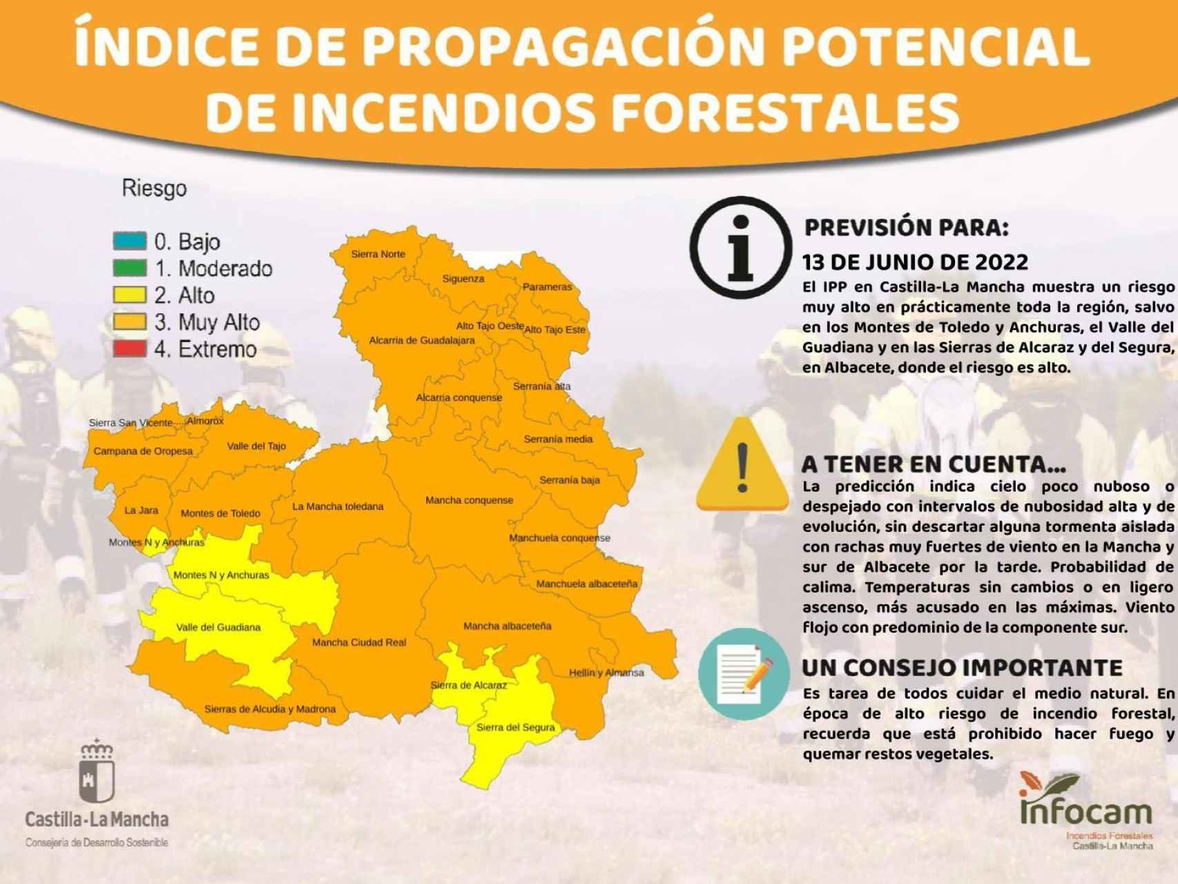 El riesgo muy alto de incendios se dispara este lunes en casi toda Castilla-La Mancha