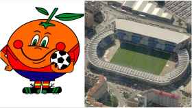Naranjito, mascota del Mundial 82 de España, y el estadio de Balaídos.