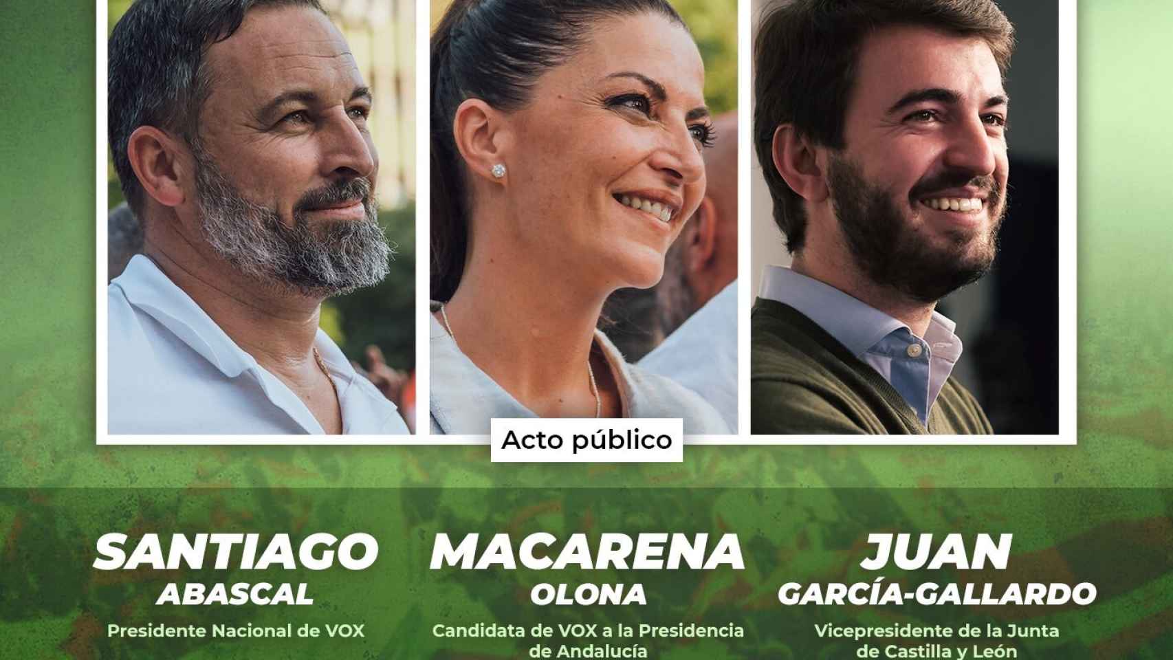 Cartel de la campaña electoral de Vox con Santiago Abascal, Macarena Olona y Juan García-Gallardo