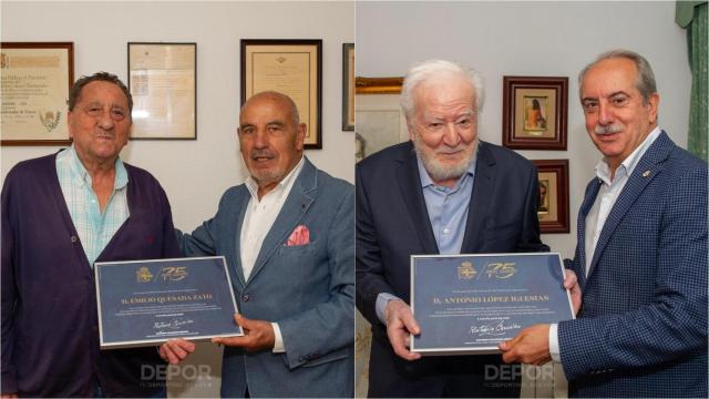 Emilio Quesada y Antonio López reciben la Insignia de oro y brillantes del Deportivo.