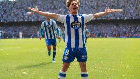 Mariano Soriano celebra su gol contra el Albacete en la final del playoff.