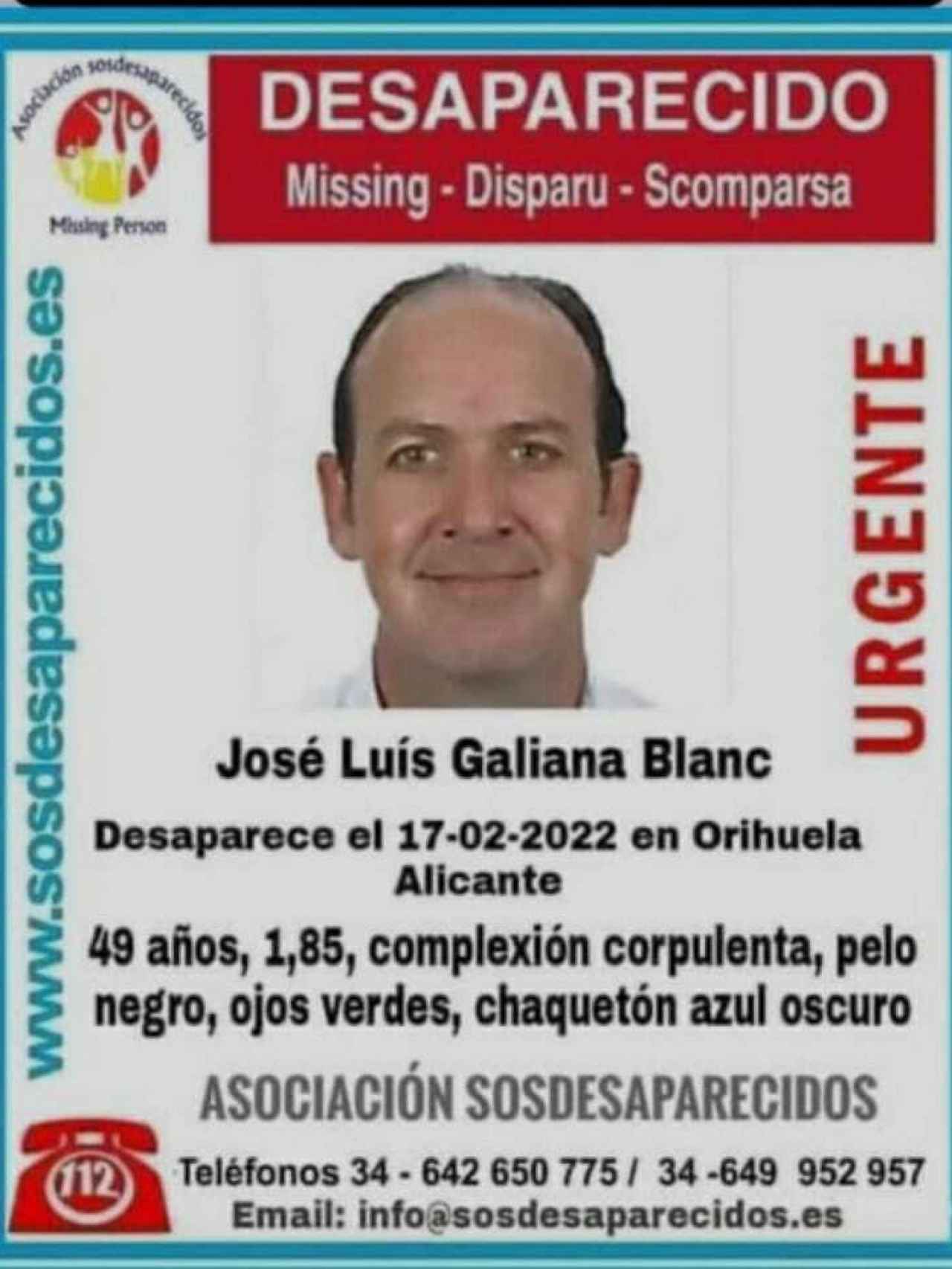 El cartel que se difundió en febrero cuando la Guardia Civil investigaba la desaparición de José Luis Galiana Blanc.