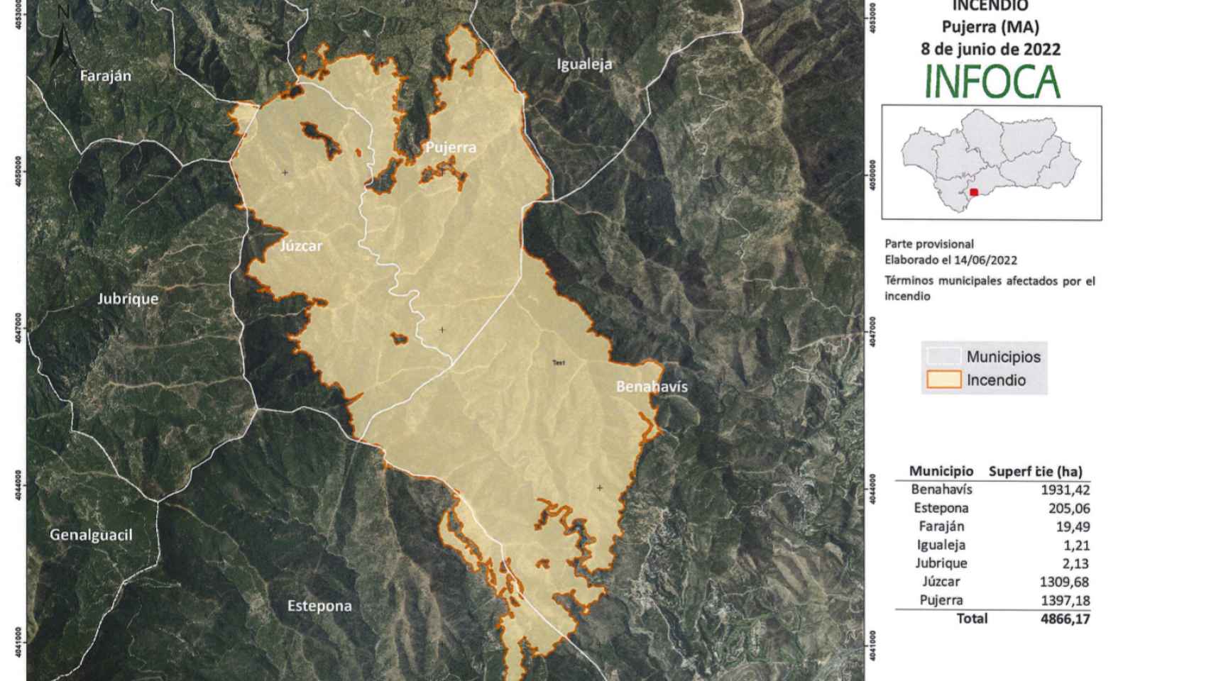 Infografía de la superficie afectada por el incendio de Pujerra.