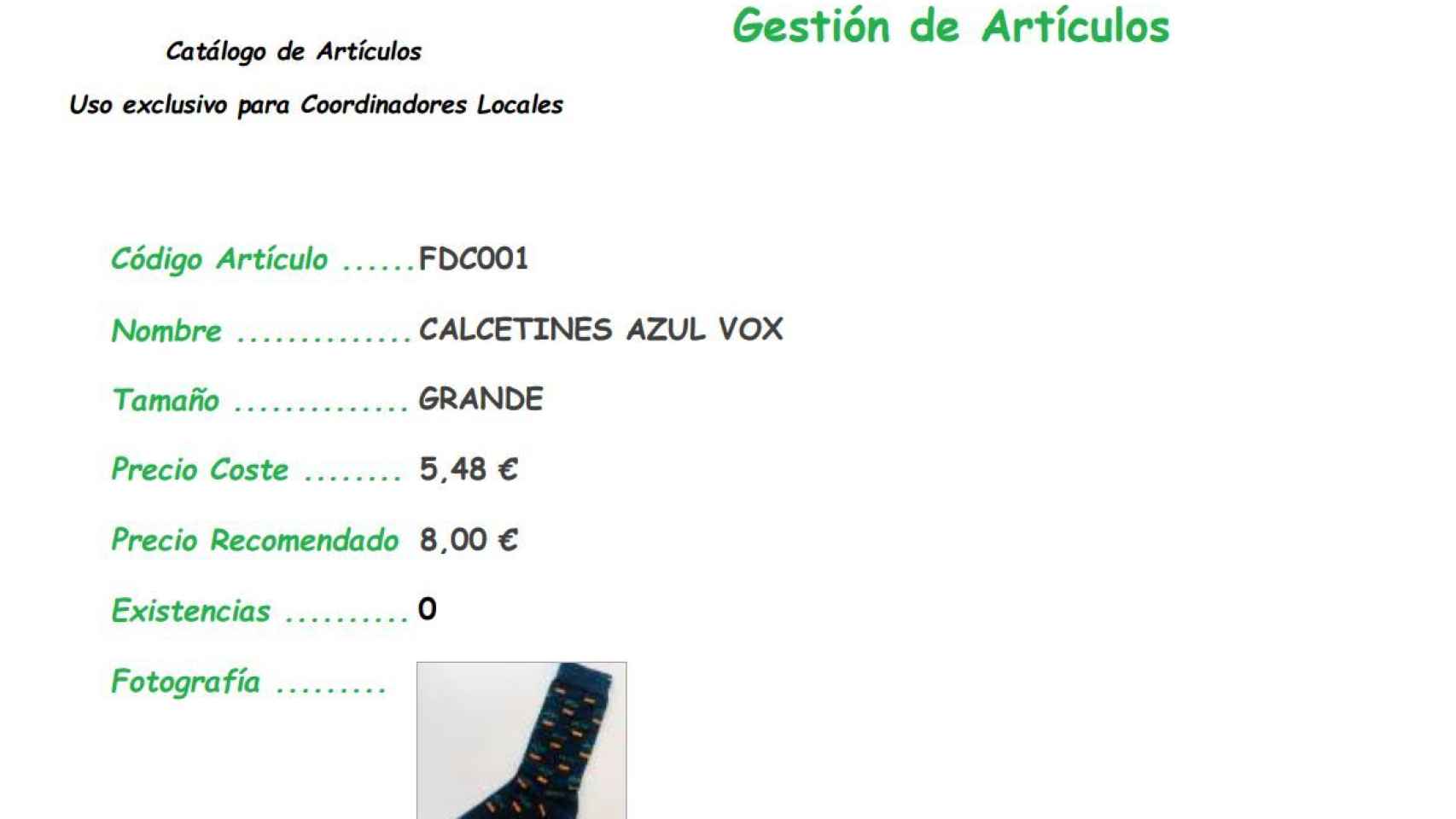 Otra imagen del catálogo de venta interno, con el detalle de unos calcetines de Vox.