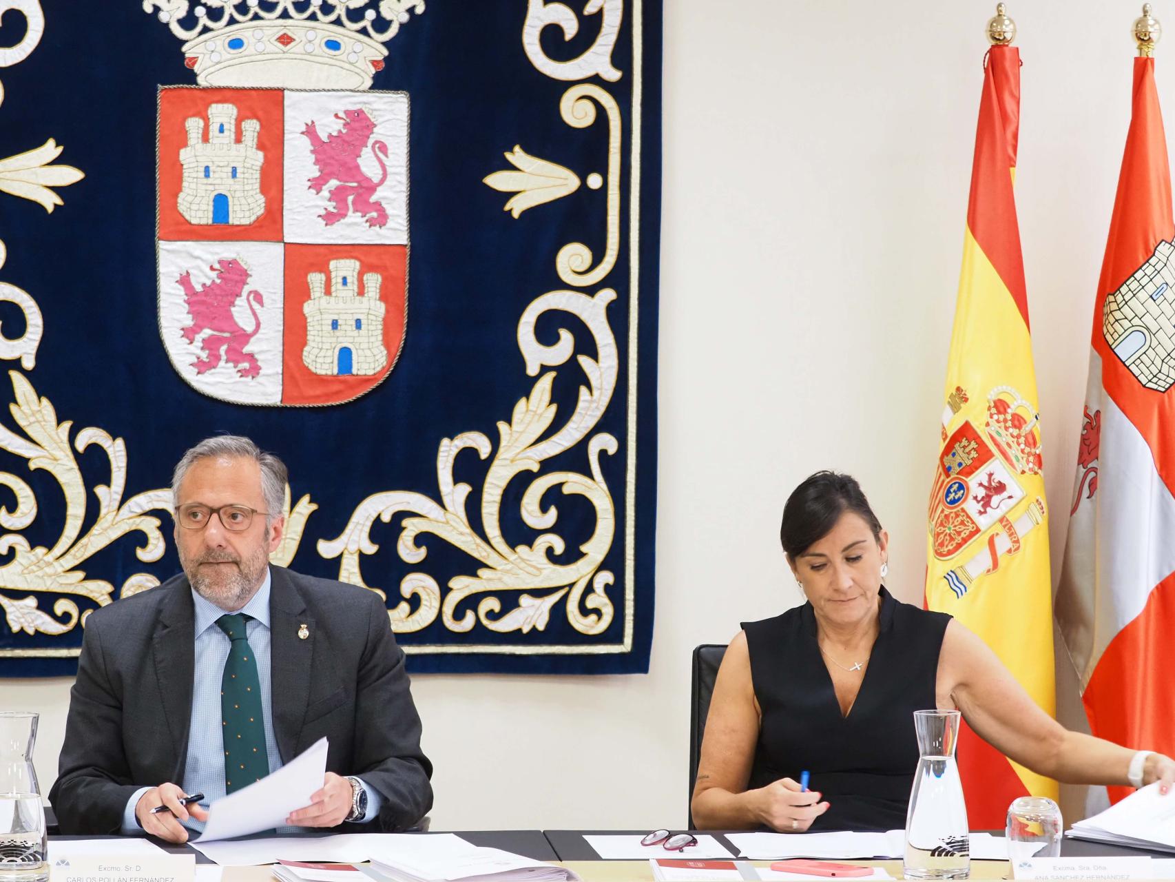 El presidente de las Cortes, Carlos Pollán, y la vicepresidenta segunda, Ana Sánchez, en la reunión del órgano, este jueves.