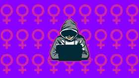Fotomontaje con el símbolo femenino y un hacker.
