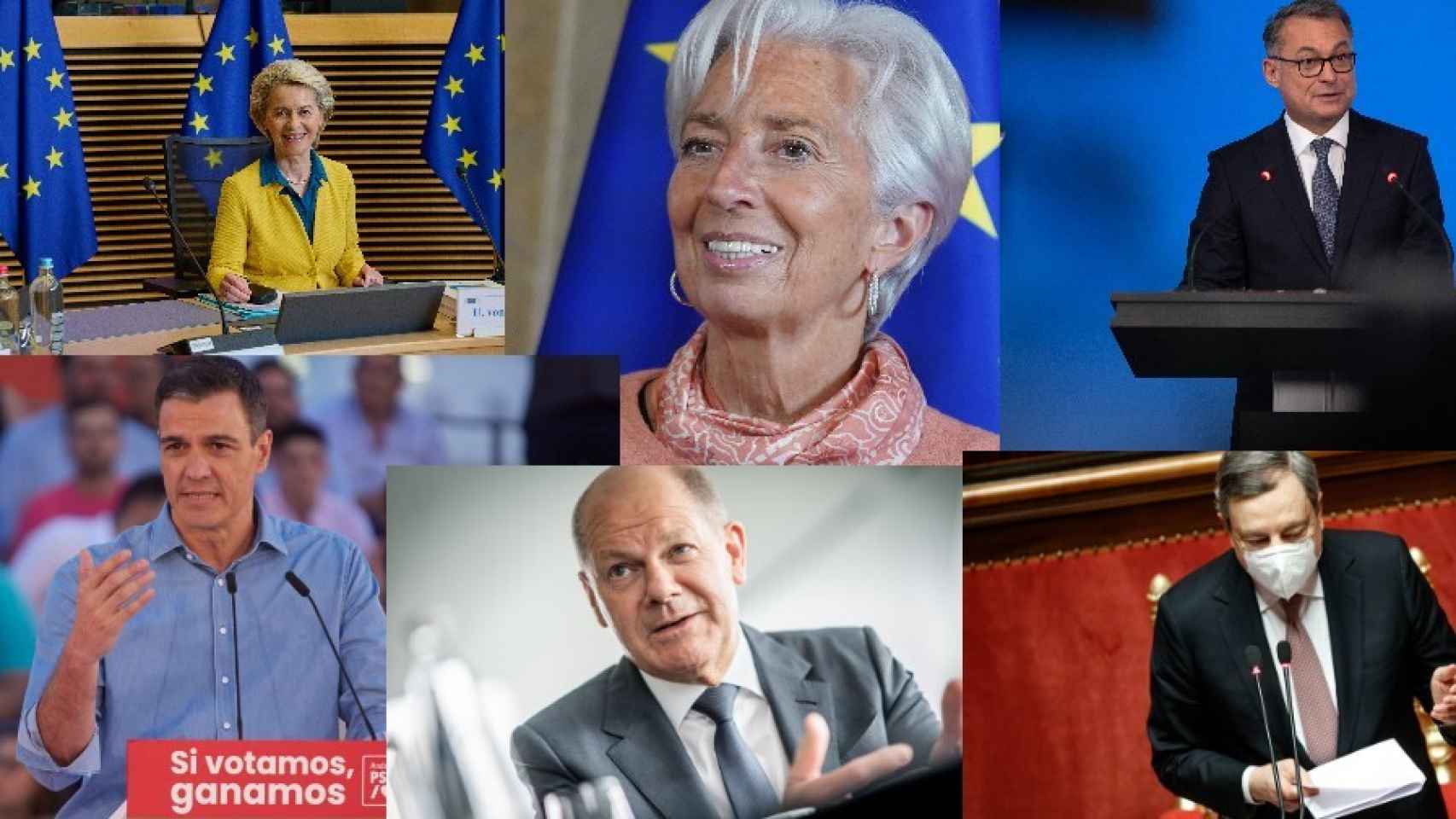 Ursula von der Leyen, Christine Lagarde, Joachin Nagel, Pedro Sánchez, Olaf Scholz y Mario Drahgi.