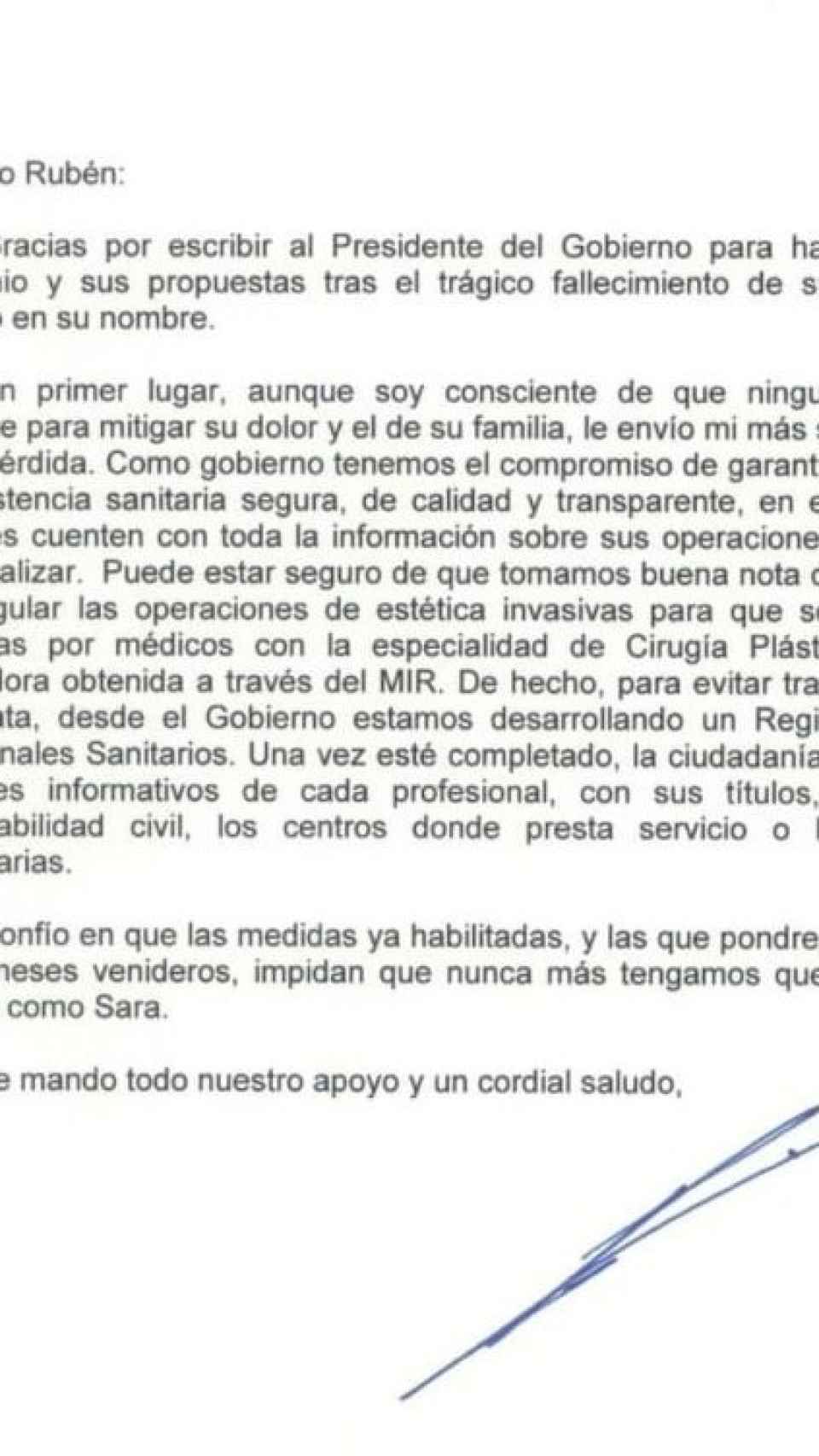La carta de la Moncloa enviada a Rubén, el hermano de Sara Gómez.
