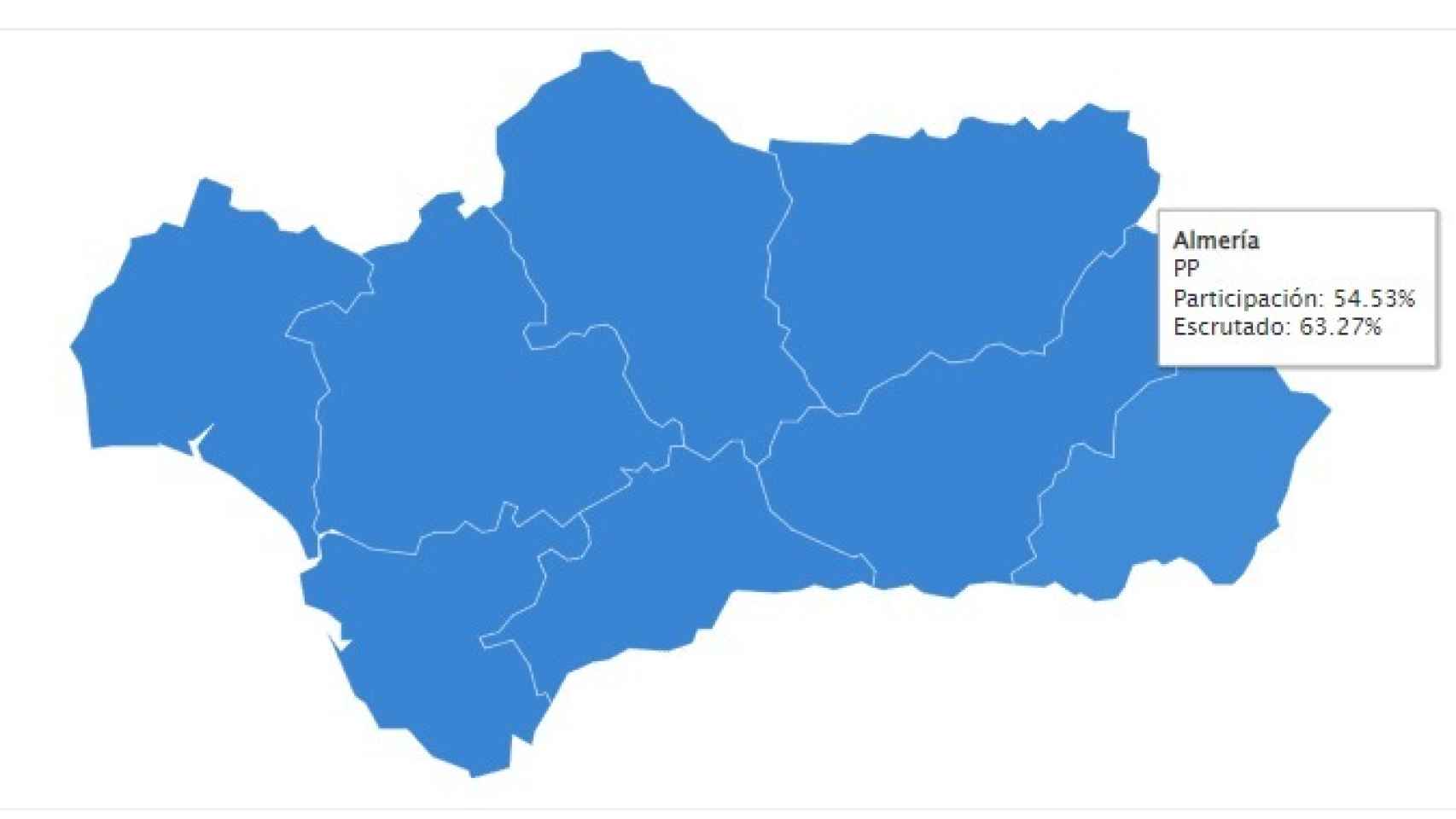 El mapa de Andalucía se ha teñido de azul con más del 60% escrutado.