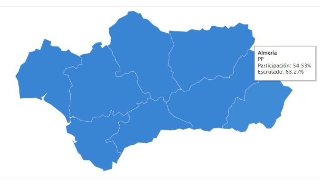 El mapa de Andalucía se ha teñido de azul con más del 60% escrutado.