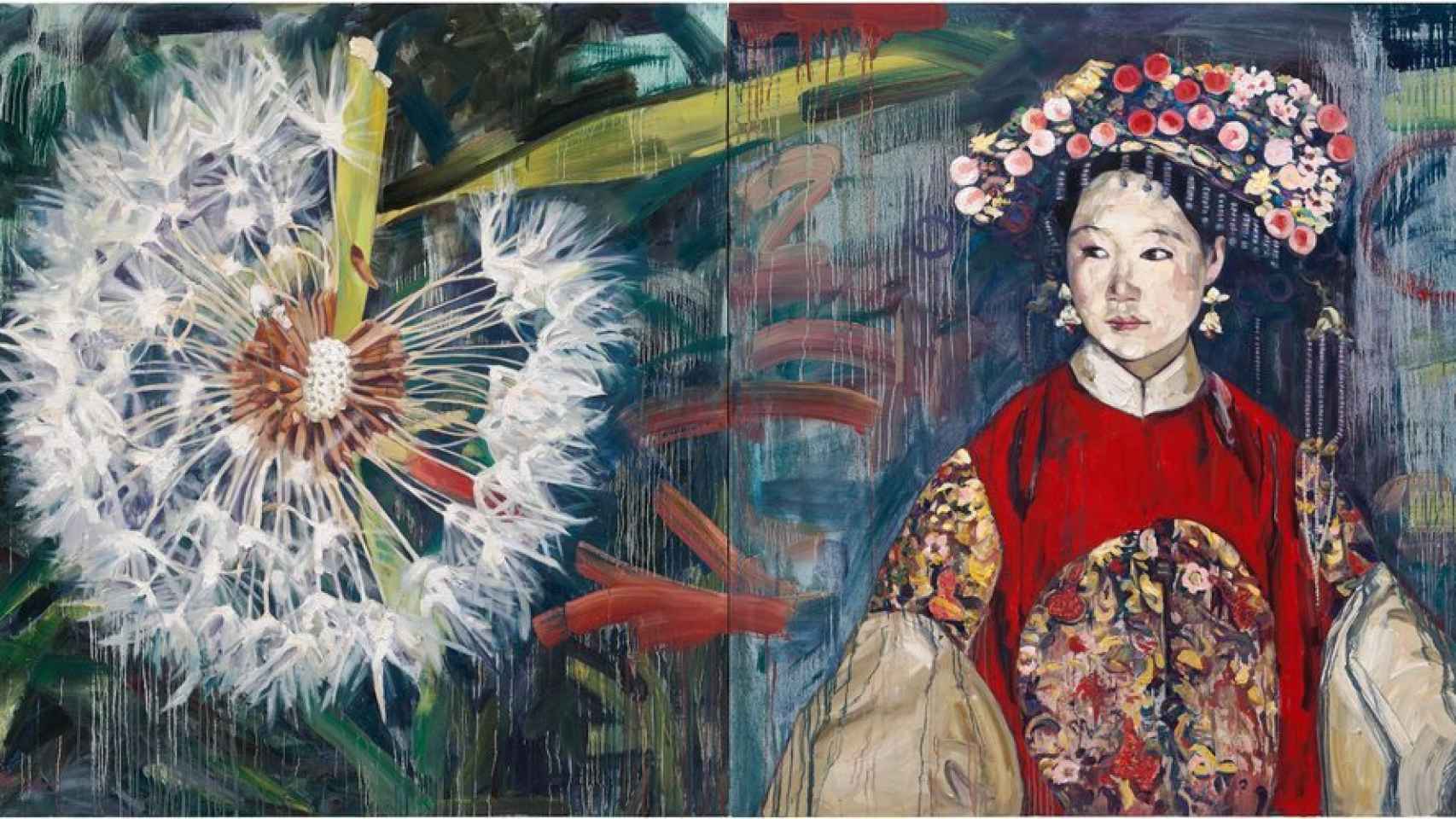 The long way home, pintura de Hung Liu en la galería principal de The Grace Museum.