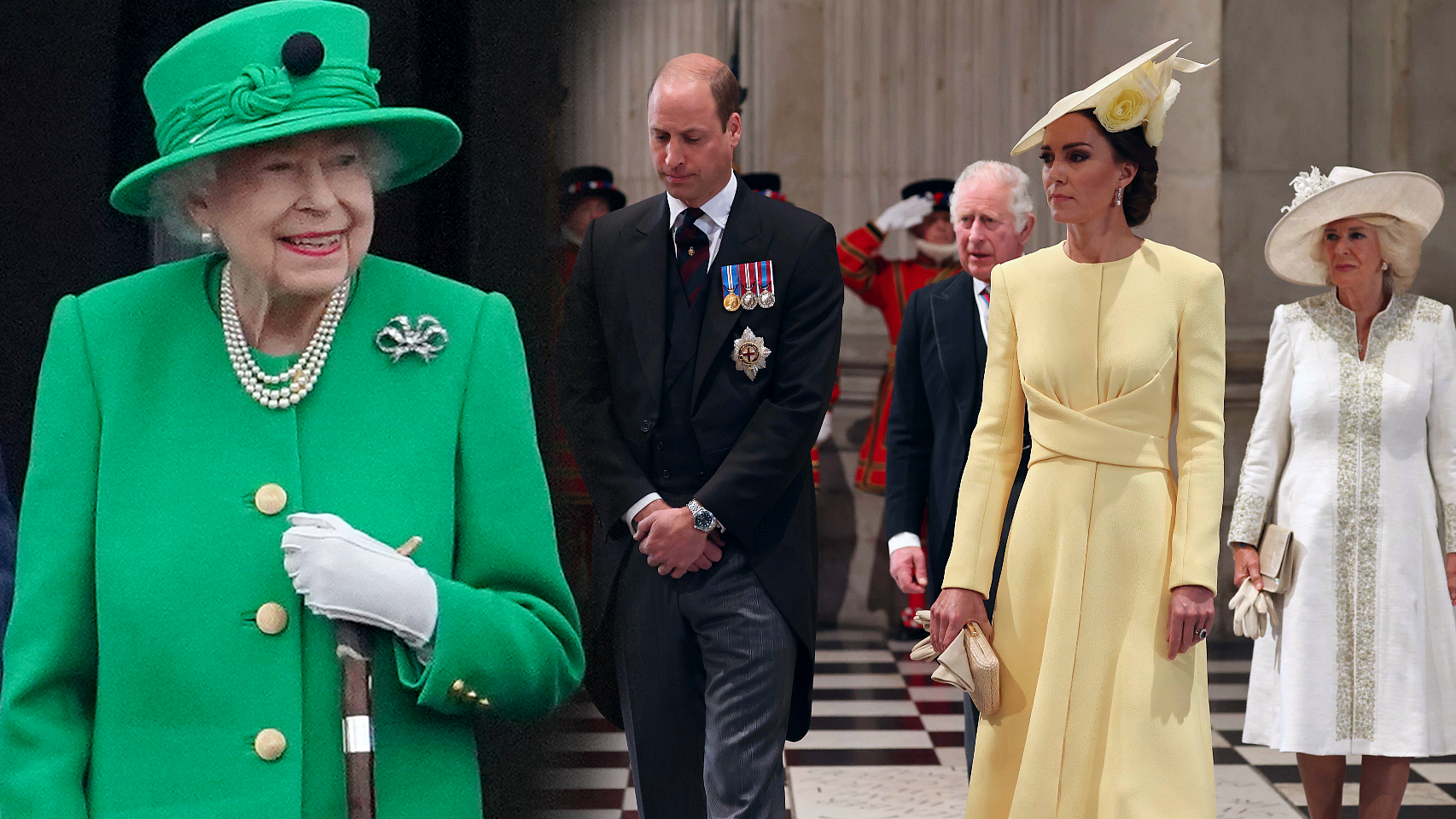 Isabel II junto al príncipe Guillermo y Kate Middleton y Camilla, en un fotomontaje de EL ESPAÑOL.