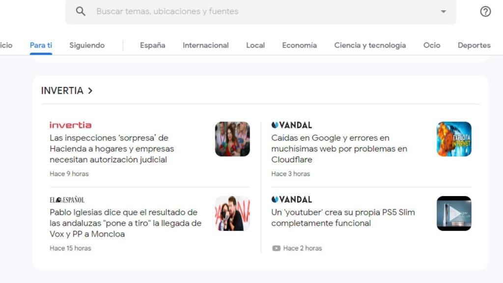 Imagen del contenido personalizado de Google News.