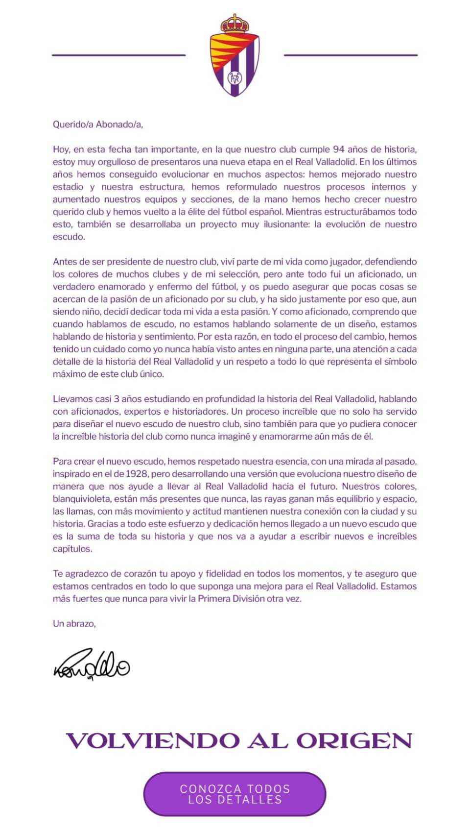 Carta de Ronaldo a los socios explicando el cambio de escudo