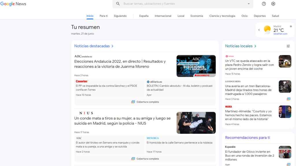 Pantallazo de Google News España.
