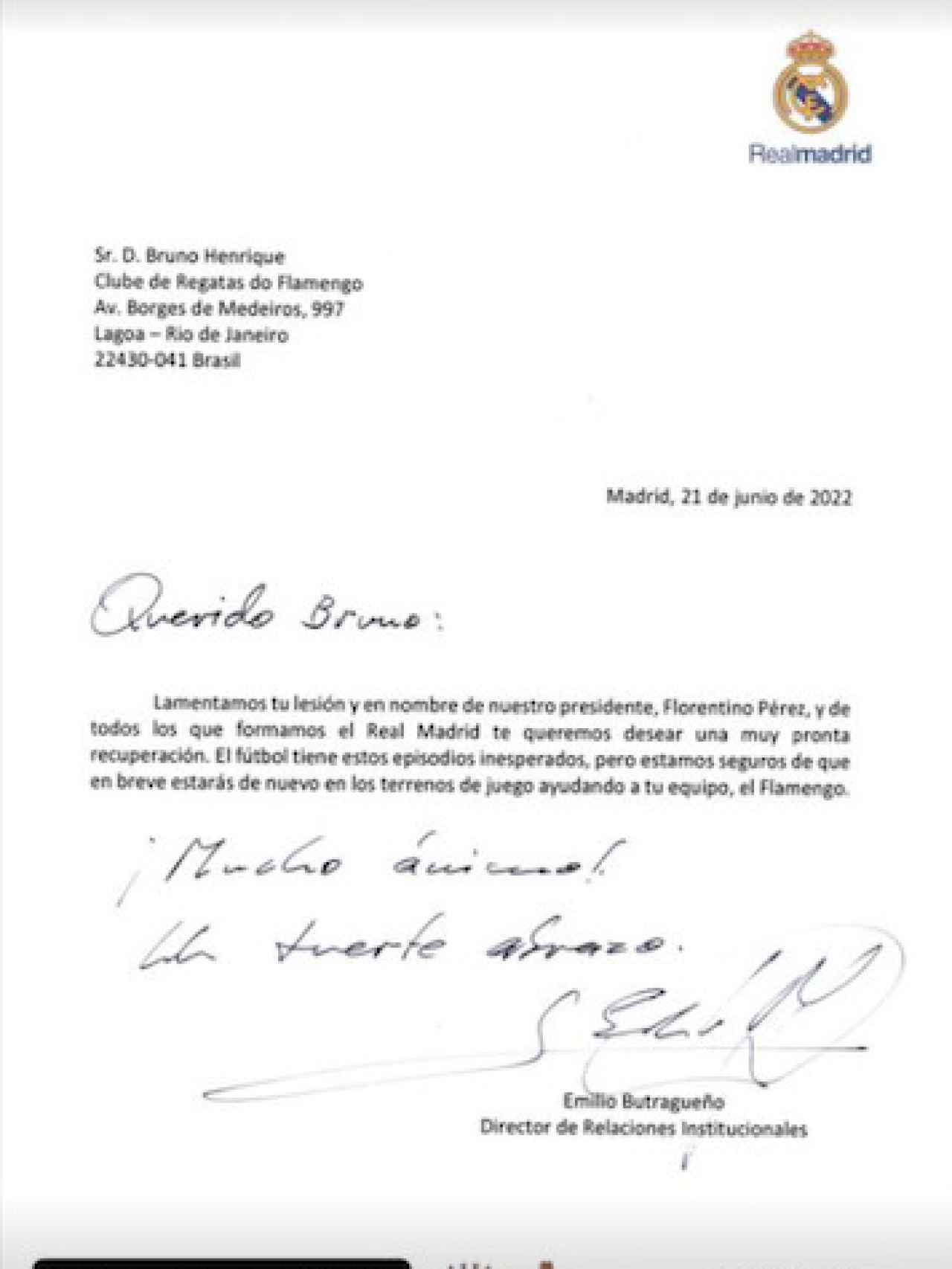 Carta del Real Madrid a Bruno Henrique